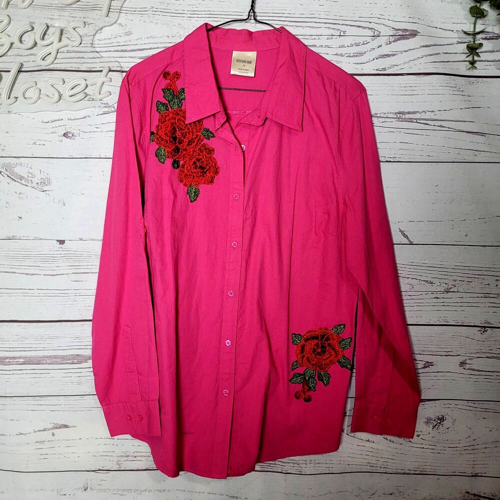 Bedford Fair Pink Embellishment Rolled Up Sleeves Button Down Top Womans Size 16